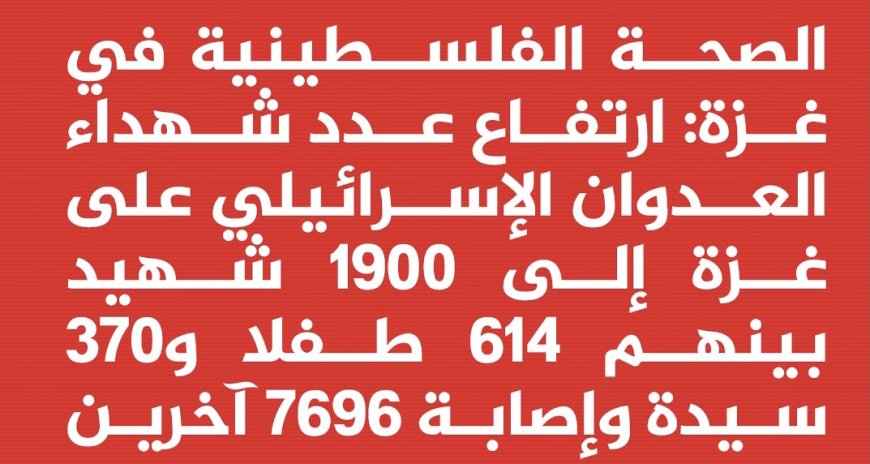 ارتفاع عدد شـ ـهـ ـداء العـ ـدوان الإسرائيلي على غزة إلى 1900 شـ ـهـ ـيد بينهم 614 طفلا و370 سيدة وإصابة 7696 آخرين