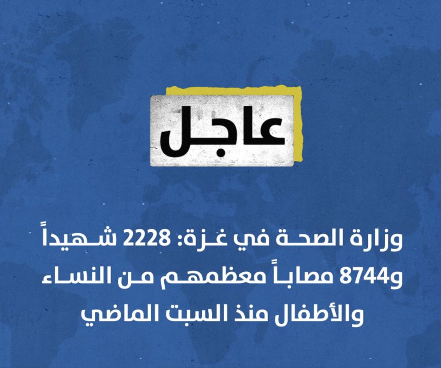 وزارة الصحة في ⁧‫#غزة‬⁩: 2228 شهيداً و8744 مصاباً معظمهم من النساء والأطفال منذ السبت الماضي