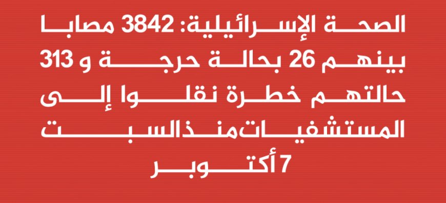 ‏عاجل | الصحة الإسرائيلية: 3842 مصابا بينهم 26 بحالة ح ـرجة و313 حالتهم خـ ـطـ ـرة نقلوا إلى المستشفيات منذ السبت 7 أكتوبر   ‏⁧‫