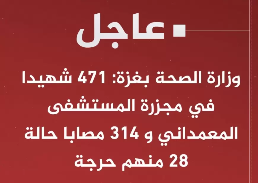 وزارة الصحة بغزة: 471 شهيدا في مجزرة المستشفى المعمداني و 314 مصابا حالة 28 منهم حرجة