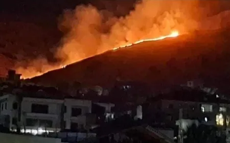 حريق كبير في جبل جب جنين والنيران تقترب من المنازل حيث تعمل فرق الإطفاء على إخماد النيران