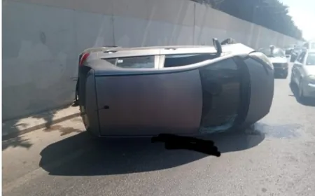 جريح نتيجة إنقلاب سيارة قبل انفاق_المطار باتجاه بيروت حركة_المرور كثيفة بالمحلة ودراج من مفرزة سير بعبدا يعمل على المعالجة
