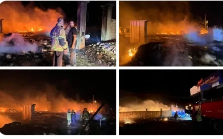 ‏حريق مخيم للنازحين السوريين جراء غارة جوية إسرائيلية استهدفت رياق