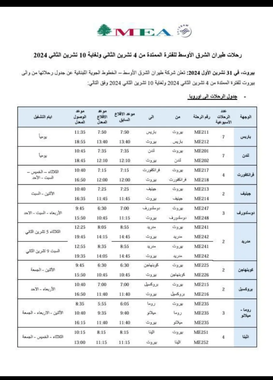 إليكم جدول رحلات الـ MEA من 4 إلى 10 تشرين الثاني