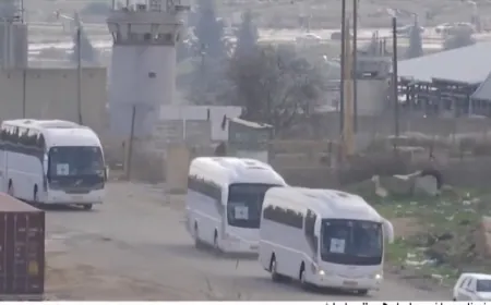 حافلات تقل الأسرى الفلسطينيين المُفرج عنهم تغادر سجنَي "عوفر" بالضفة الغربية و"كتزيوت" في النقب