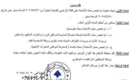 وزير الدفاع أصدر قراراً بتجميد مفعول تراخيص حمل الأسلحة إعتباراً من 22 حتى 25 الحالي