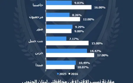 مقارنة نسب الاقتراع في محافظتي لبنان الجنوبي والنبطية حتى الآن بين عامي 2016 و 2025