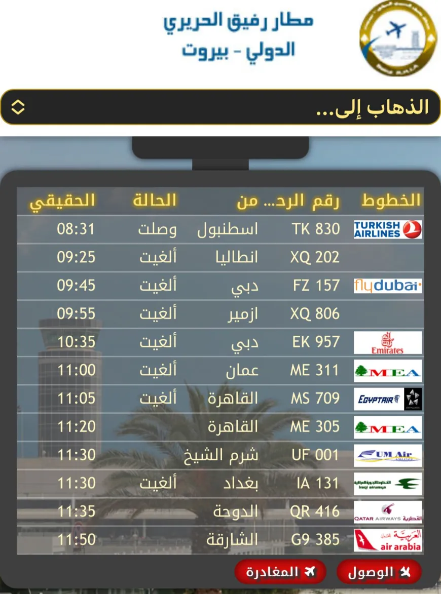 إلغاء رحلات جوية الى مطار رفيق الحريري الدولي - بيروت.